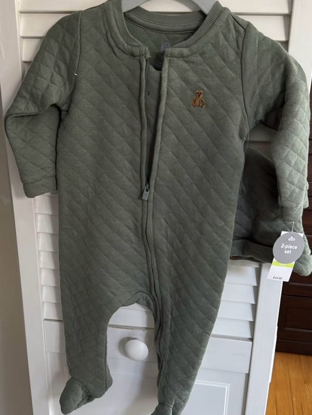 Baby Quilted Footed One-Piece in Olive with Bear Accent - Brand: